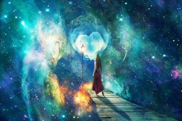 beautiful,artistic,universe,with,standing,woman.,colorful,landscape,with,bright