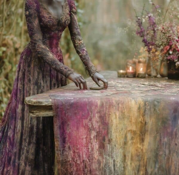 magical tarot reading at a mystical outdoor setting with enchanting floral arrangements